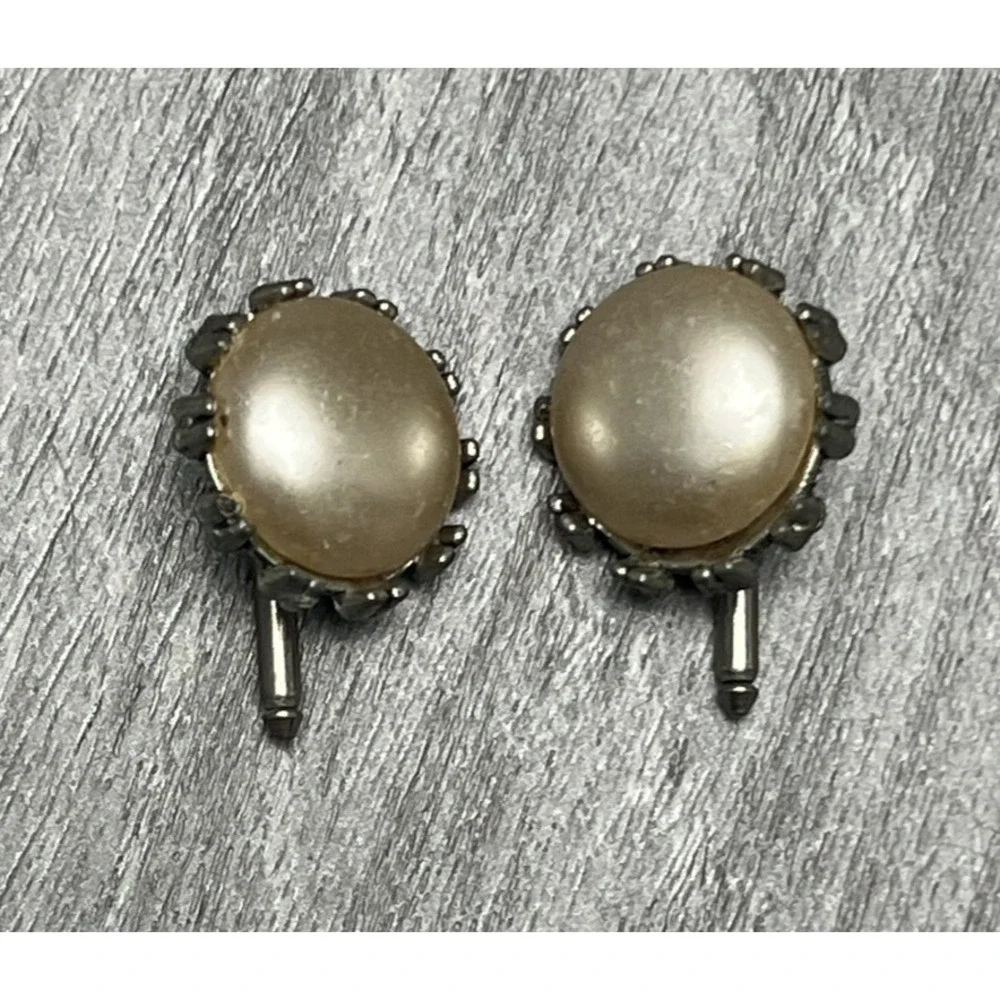 Vintage Style Faux Pearl Cufflinks Men's Silver Tone Round Dress Shirt